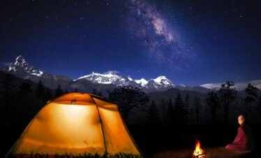 tent, bonfire, mountains, snow, stars, forest, trees, buddhist, monk, meditation, nature, camping, nepal