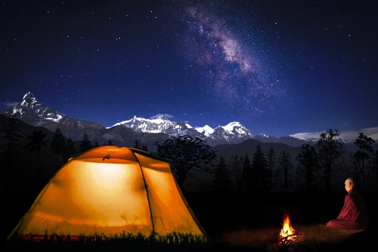tent, bonfire, mountains, snow, stars, forest, trees, buddhist, monk, meditation, nature, camping, nepal